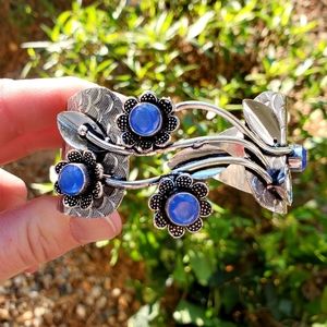 New Blue Chalcedony 925 Silver Flowers Cuff Bracelet.